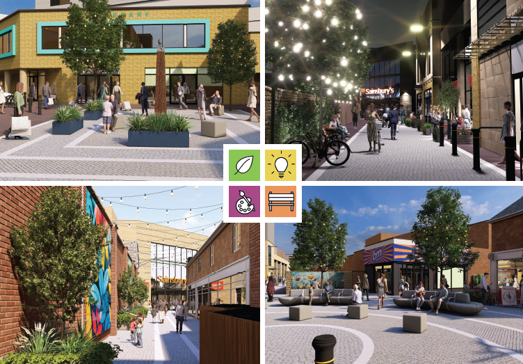 CGI images of Crown Walk and Pioneer Square with significant improvements to seating, planting, lighting, and street art.